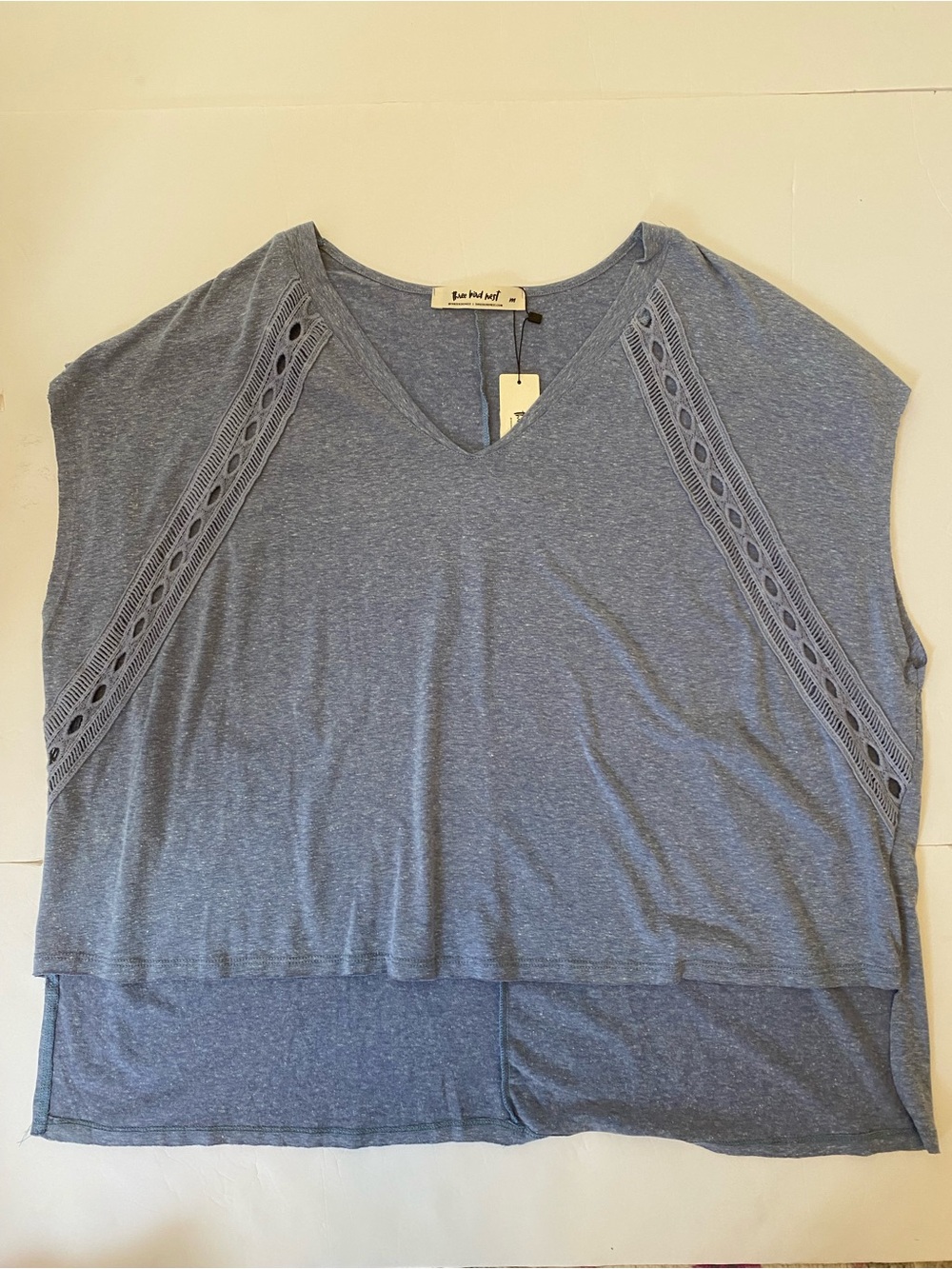 Three Bird Nest Heather Slate Blue V-Neck Crochet Inset Tunic